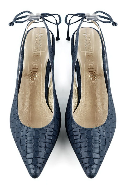 Denim blue women's slingback shoes. Pointed toe. Flat flare heels. Top view - Florence KOOIJMAN